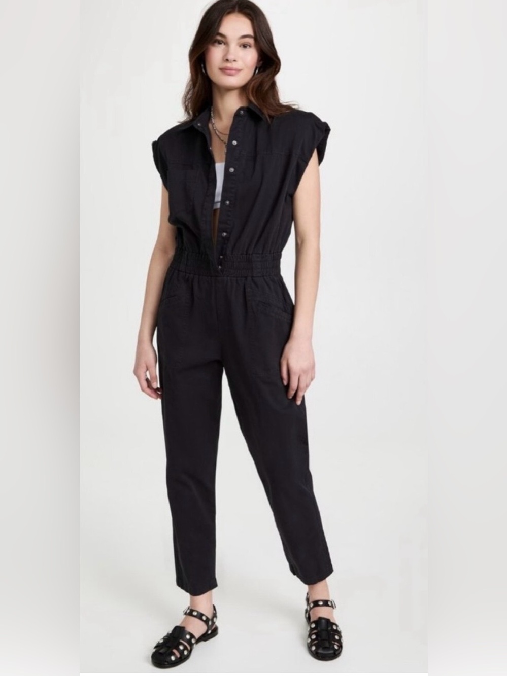 Pistola Rosie Padded Shoulder Black Cotton Jumpsuit